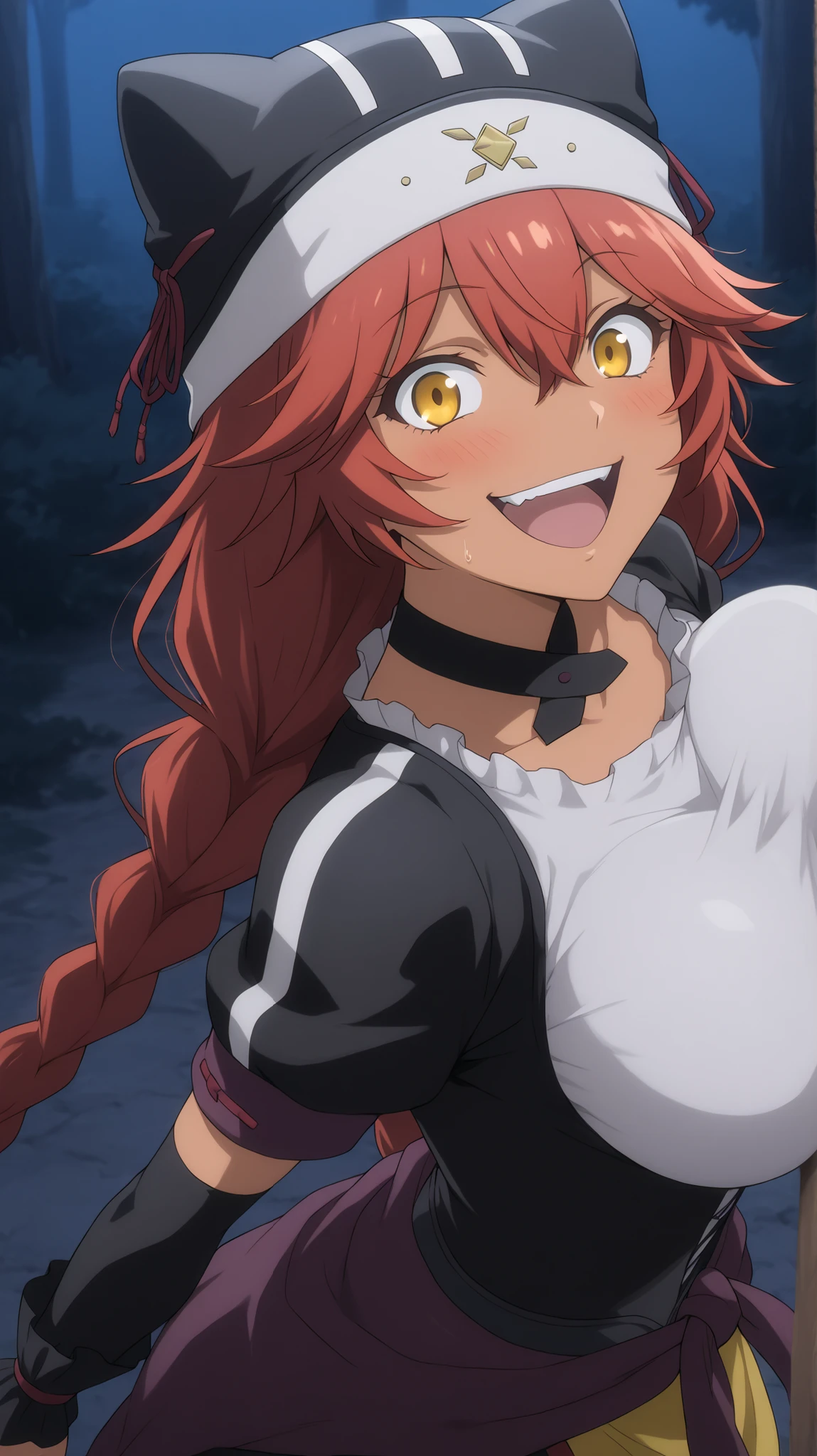 Lupusregina_Beta, overlord \(maruyama\)
High quality , best quality , masterpiece, High Resolution , detailed face( LoRA: Lupusregina),anatomically correct, detailed hair Style( LoRA: Lupusregina),anime Coloring
red hair, twin braids, long hair, hair tubes, yellow eyes, hair between eyes, dark skin, dark-skinned female
Black maid uniform, underbust, hair tubes, black animal hat, black choker, white shirt, taut shirt, black corset, puffy short sleeves, elbow gloves, black bridal gauntlets, wrist cuffs, clothes around waist, yellow apron,large breast,
looking at viewer , close-up,from above
forest,night,
open mouth, crazy smile,blush,