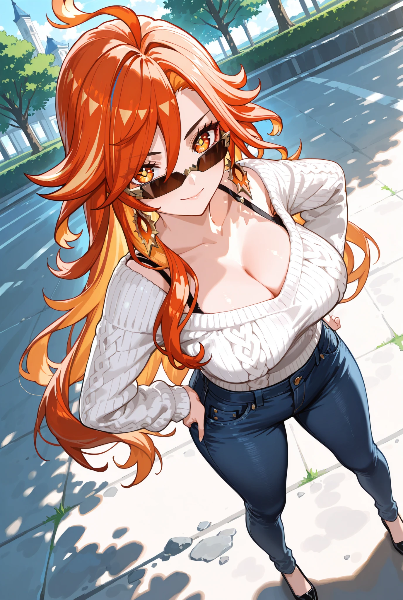 マーヴィカ, Mavuika,


score_9, score_8_up , score_7_up , score_6_up , score_5_up ,
(masterpiece, best quality),ultra detailed,
megami magazine,
BREAK

1 lady, mavuika_genshin, orange eyes, sun-shaped pupils, orange hair, long hair, streaked hair, ahogeearrings, cleavage,[large breasts],

outdoor, park,
1girl, solo, light smile, wearing driving sunglasses,
white knit sweater, black bra strap, 
jeans pants,

standing, full body,looking at viewer, hands on hip, from above,