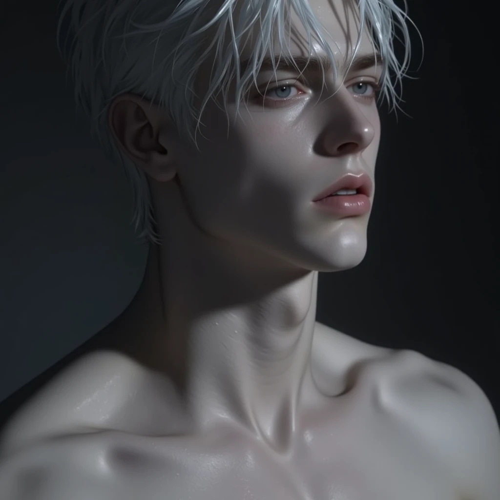 (1 boy, albino tall slender androgynous male Ice Queen, hoarfrost, pristine, precious, fragile beauty, translucent, thin neck, frail shoulders, flat chest, soft belly, curvy hips, his penis and testicles are made of ice thus very fragile and vulnerable to heat, he is immortal while he is cold, but he can be shattered like glass and the warmth of love will kill him)