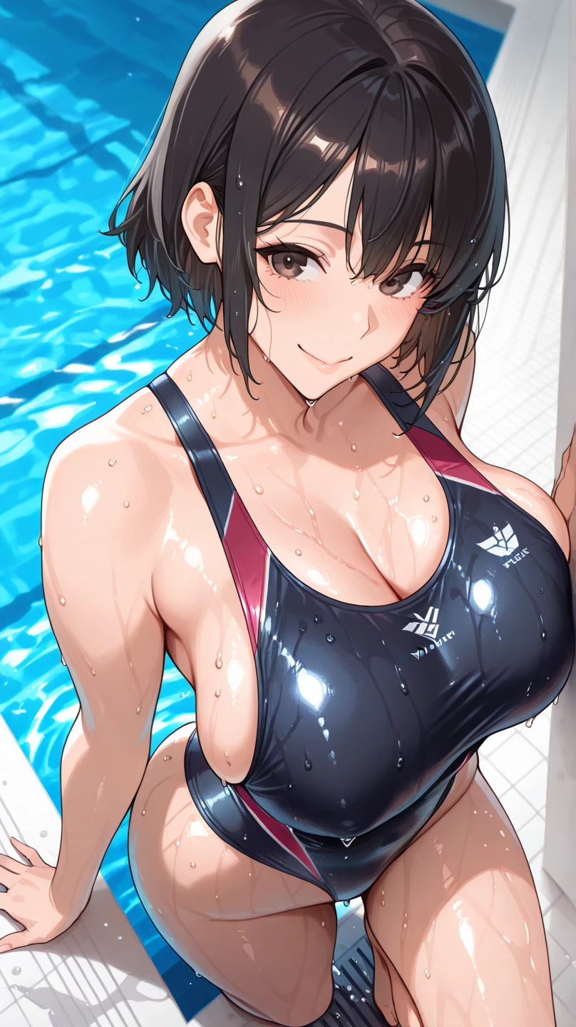 (masterpiece:1.3),(highly detailed:1.3),(highres:1.1),best quality,Ultra-detail,pool,1girl,solo,tan,tanlines,huge breasts,one-piece swimsuit,looking at viewer,smile,grabbing own breast,