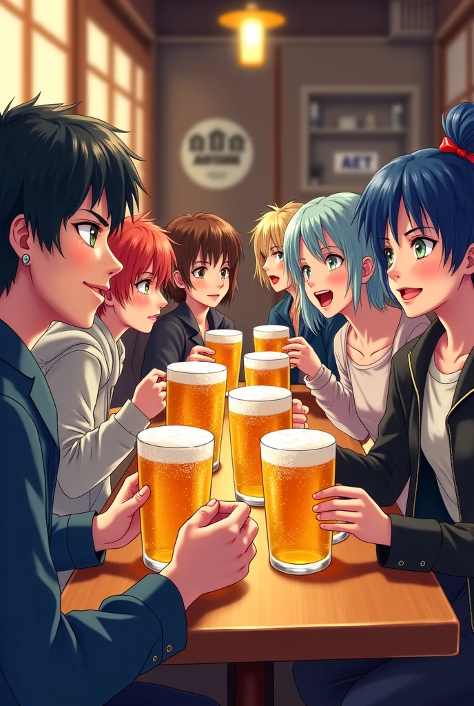 a party in classroom, summer day, they are enjoyed a beer together, happy look, anime, anime style, cinematic lighting, high detail, Conceptual art, Social realism, masterpiece, high details, best quality, 4K, accurate
