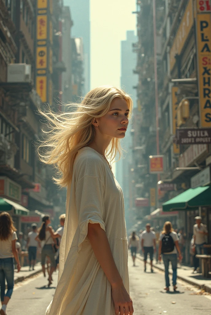 ((beautiful woman, 22 years old, a thin fit body blonde)), Image of the city of NY NYC New York, post apocalypse the same image but without people, overgrowth foliage tree's,