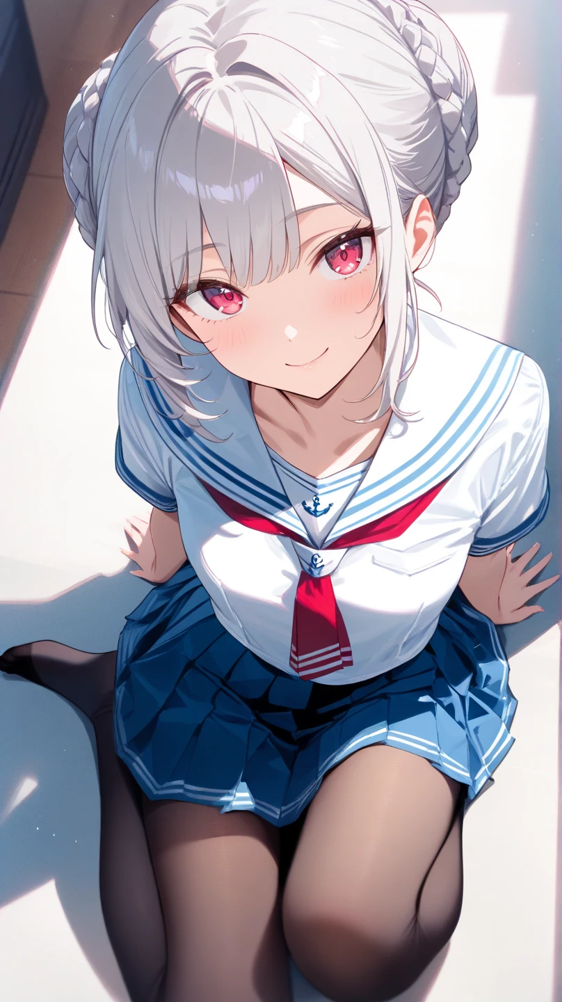 Very cute girl、(I am 12 years old)、Light Silver Hair、Bangs too close to the eyes、Glowing red eyes、(Normal Human Ear)、Thin arms、Beautiful body、Thin legs、Translucent white skin、Happy smile、Open your mouth、(Sleeveless sailor suit、Ultra mini skirt).(Rose Garden)、Playing innocently、Ultra HD、Digital SLR、Many colorful roses blooming in the background、Upper Body Shot、Sitting with legs crossed、Sitting with knees hugged、running、