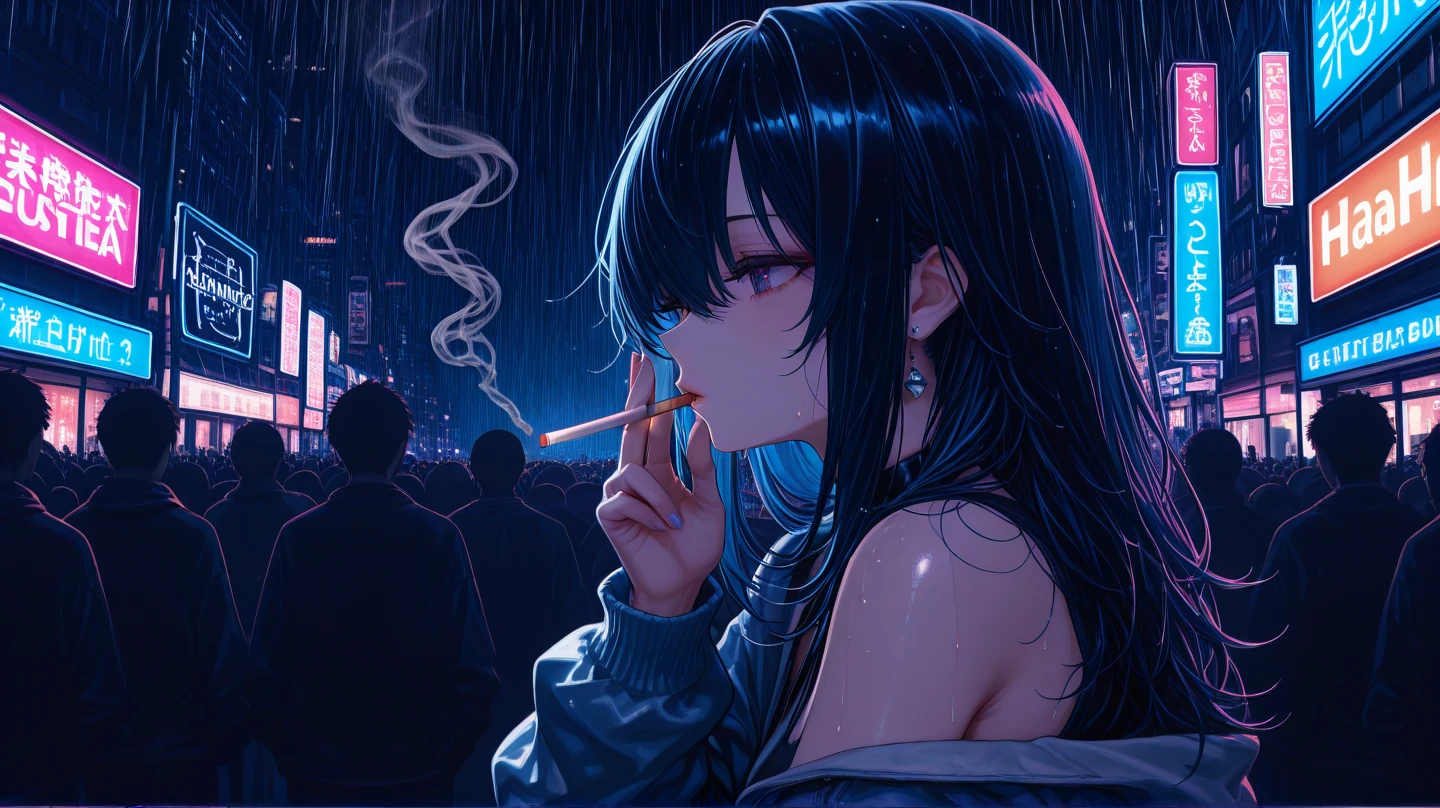 A anime girl standing beside her car and smoking ... She is wearing a classy black clothes clothes in night ... Her face is in blue and pink neon lights... She is wearing dark makeup... Her ears is pierced with piercings Her eyes is glimmering in dark... She is smoking and thinking about something ... She is looking down on camera while crossing her hands and standing confidently
