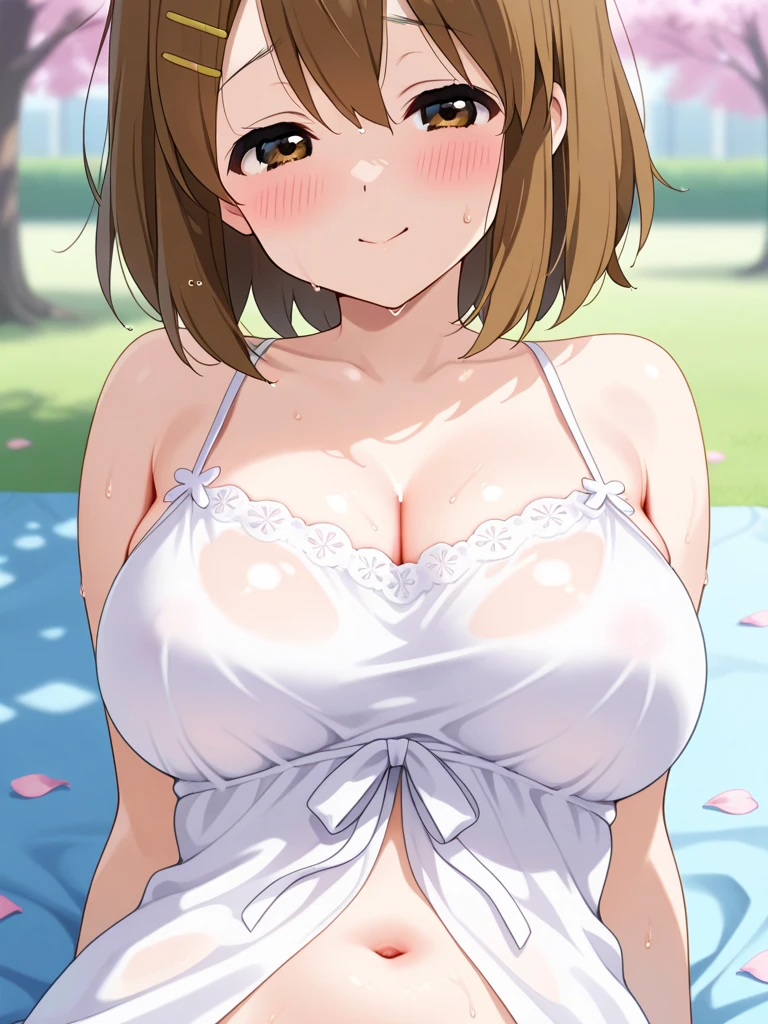 nsfw:1.5,((masterpiece, Highest quality)), Miyako, One girl, alone, chest, 前hair, jewelry, big_chest, gold hooped earrings, Mole, hair_behind_ear, White towel , bathing, Wet, sweating, blush, wearing towel, View your viewers, Entrance, garden, whole body、Put your hands on your hips, Selfie, strawberry-blonde hair, Red eyes、Showing off her nipples:1.5、(1 boy, a boy is grabbing girl’s breasts from behind:1.2)