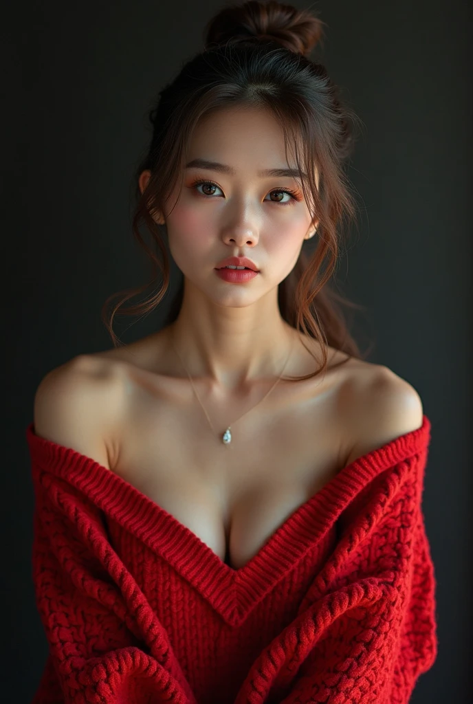 on the table, best quality, illustration, Super detailed, fine details, high resolution, 8k wallpaper, Perfect dynamic composition, Beautiful and delicate eyes, natural lips, Red knit open-cut dress , big breasts, split,Flaming red lips,Willow leaf arched his eyebrows