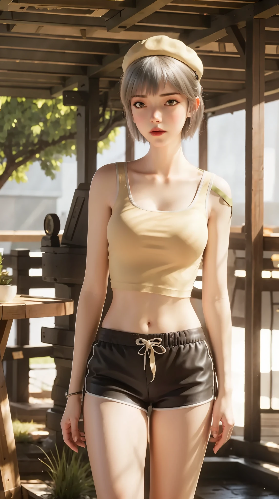 Best Picture, Masterpiece, 4K, High Quality, One Adult
Woman. The woman has brown hair. Her hair is straight, bobbed. Long slit eyes, green eyes,
Model like beauty, perfect proportions. Perfect legs. Perfect arms. Tank top, navel-baring look, tight miniskirt. High heels. 
She has a blush on her cheeks and a mischievous smile on her face.


Even over clothing, one can see the large, full breasts and erect nipples.
Even over clothing, one can see the large, full breasts and erect nipples.
A woman is  in a grassy meadow.A complete body. Perfect hands and legs. Beautiful body, beautiful legs. Beautiful hands. Perfect body, perfect legs. Perfect hands. 
You can see the woman's breasts are full and her nipples are standing up, even over her clothes. Sweat is beading.
The woman's cheeks are blushing and she looks embarrassed.
Hairstyle, upper body tight tank top, low rise hot pants. Cowboy shot. Breasts are large, full, nipples erect, tank top wet with sweat, looking dirty.
Face Focus