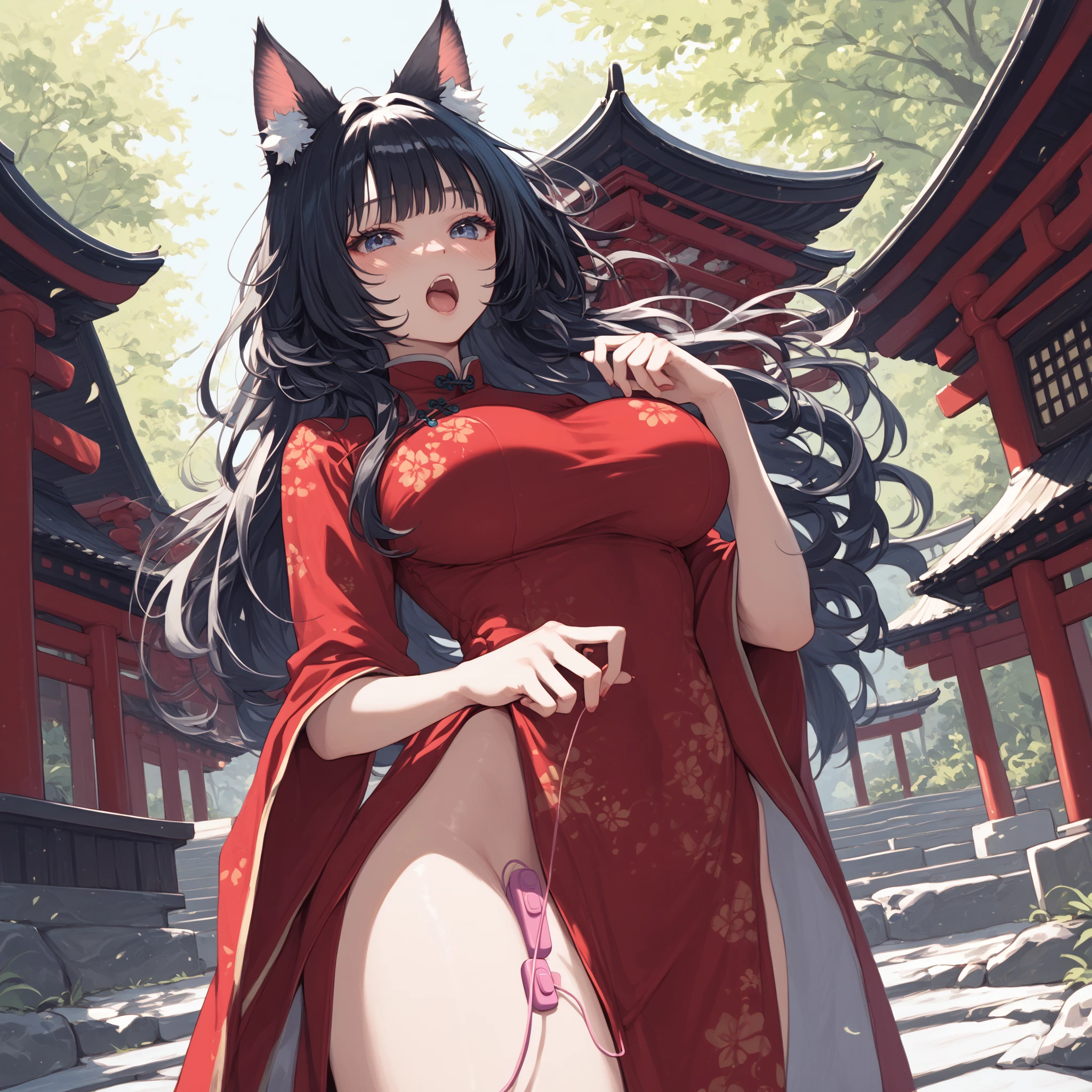 (Fox Girl, Fox Ears, Black colored hair, Fox Makeup, One Girl, Long Hair:1.6), (kimono, Kimono with open chest, A beautiful kimono with red and black patterns, I can see her cleavage, Open chest, Exposed skin:1.8), (Body size is 100-70-90!, Nice body, Big Breasts, Soft breasts, Emphasize cleavage, Knees are slightly visible, Muscular, Abdominal muscles, Grab your own chest:1.9), Avatar, face, lewd face, Dominant representation, naughty face, Uplifting, Skin Texture, outside, Grassy field