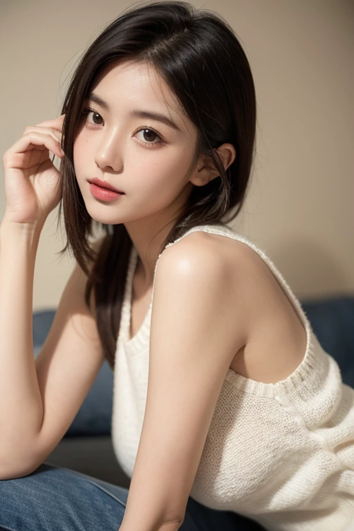 there is a woman sitting in bed with a remote control, girl cute-fine-face, young cute wan asian face, Young adorable Korean face, the face of a beautiful Japanese girl, Beautiful young Korean woman, Gorgeous young Korean woman, cute young woman, 奈良美智, Beautiful Asian Girl, Korean Girl, cute young woman