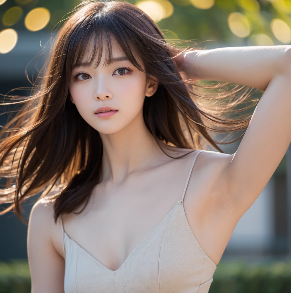 (masterpiece:1.5)、(Realistic:1.5)、(Highest quality:1.4、8K、RAW Photos）、 Ultra-high resolution、Professional Lighting、Perfect dynamic composition、Outdoor Shot、 Film Grain、chromatic aberration、(Bokeh:1.1)、 Frank、Sophisticated、charm、Surreal、High detail、Golden Ratio、 (1 Girl)、Slender girl、繊細でcharm女の子、Cute Woman:1.4、 Serious expression、Looking at the audience、Various poses、 Light brown hair、Shiny Hair、Hairstyle: ponytail、 Realistic looking skin、 shut up.、Beautiful Eyes、double eyelid、Thin arms、、 (Wearing a white ribbed turtleneck sleeveless dress:1.3), (Ultra-realistic pantyhose),
