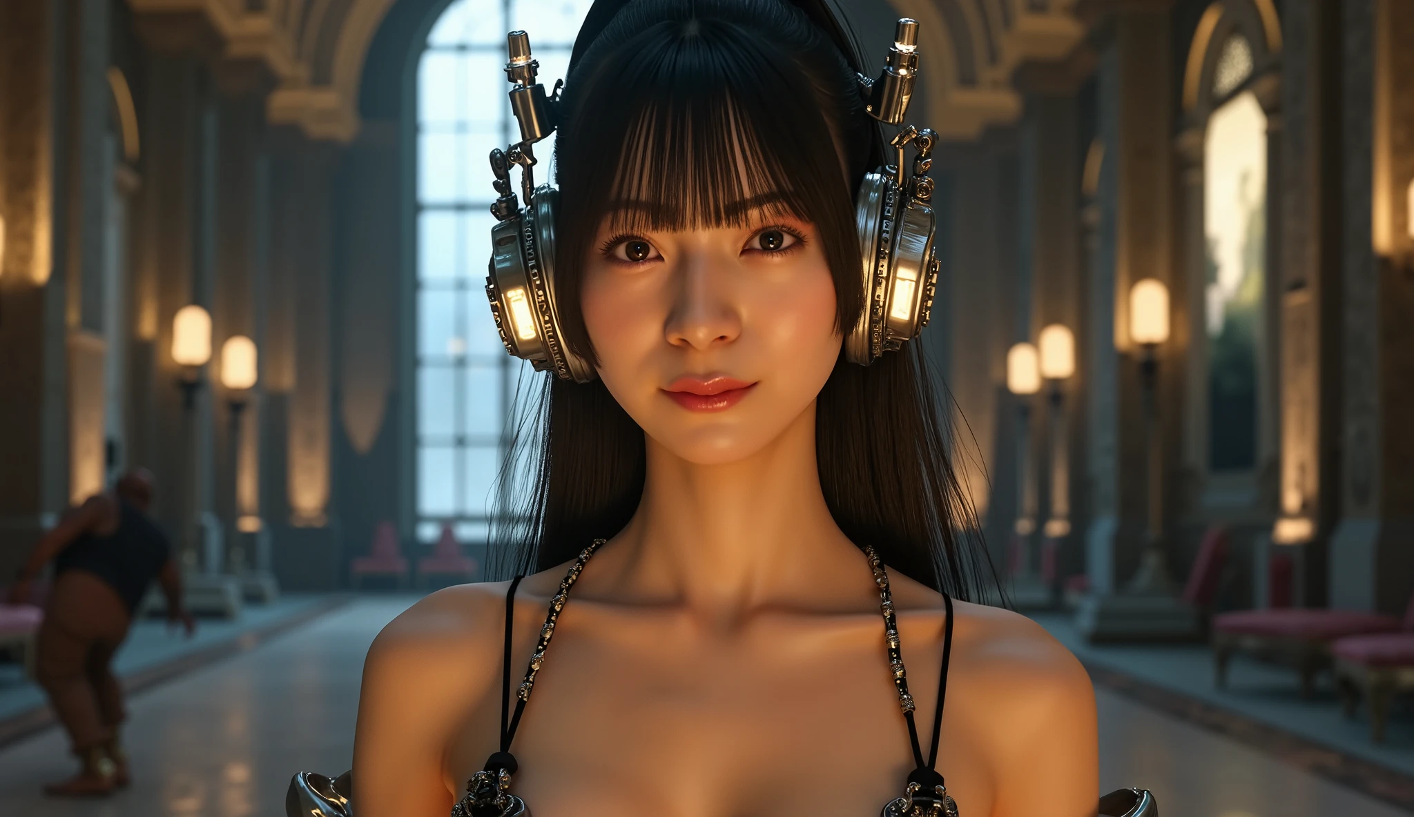  giRl、full body、Specific characteristics of Caucasian GIRl's skin until the foot fits into the angle of view、 Battle Poses、笑 face、 daRk haiR、with bangs、Highest Quality, masteRpiece,  UltRa high Resolution , PhotoRealistic, RAW photo, One cyberpunk girl, COWBOY ShOOTING, Glowing Skin,  1 mechanical giRl in a EuRopean castle,  supeR Realistic detail ,mechanical lingeRie、 ( Mechanical hands ,  tube connected to mechanical paRts , Evangelion, Combat Team,     small glowing LED lamp  , Global Illumination, very cute, octane RendeRing, 8k, ultRa shaRp, metal,   IntRicate ORnament Details  ,  BaRoque Details , high intRicate detail,  Real light , CG TRend, facing the fRont, Neon Details, ( AndRoid FactoRy on BackgRound ), aRt：h.R.  40K aRmoR connected to GigeR and Alphonse Mucha  ., Soft laRge , Caucasian GIRl,  PhotoRealistic humans , peRfect Round iRis , SpaRkling Eyes,  Learn more about their amazing pupils IRIs ,  silveRy long haiR, high Ponytail,  face, A veRy human touch, (((Specific chaRacteRistics of the skin of a, I can see Raw skin ,  on cameRa by anotheR peRson, Emphasis on the female genitals))), cRack, giRls, full bodyレズビアン, 8 heads, 丸い face, ((Rocket-shaped G-cup bReasts, chest, eRect nipples, Real aReola,  bare butt)), looking at cameRa,