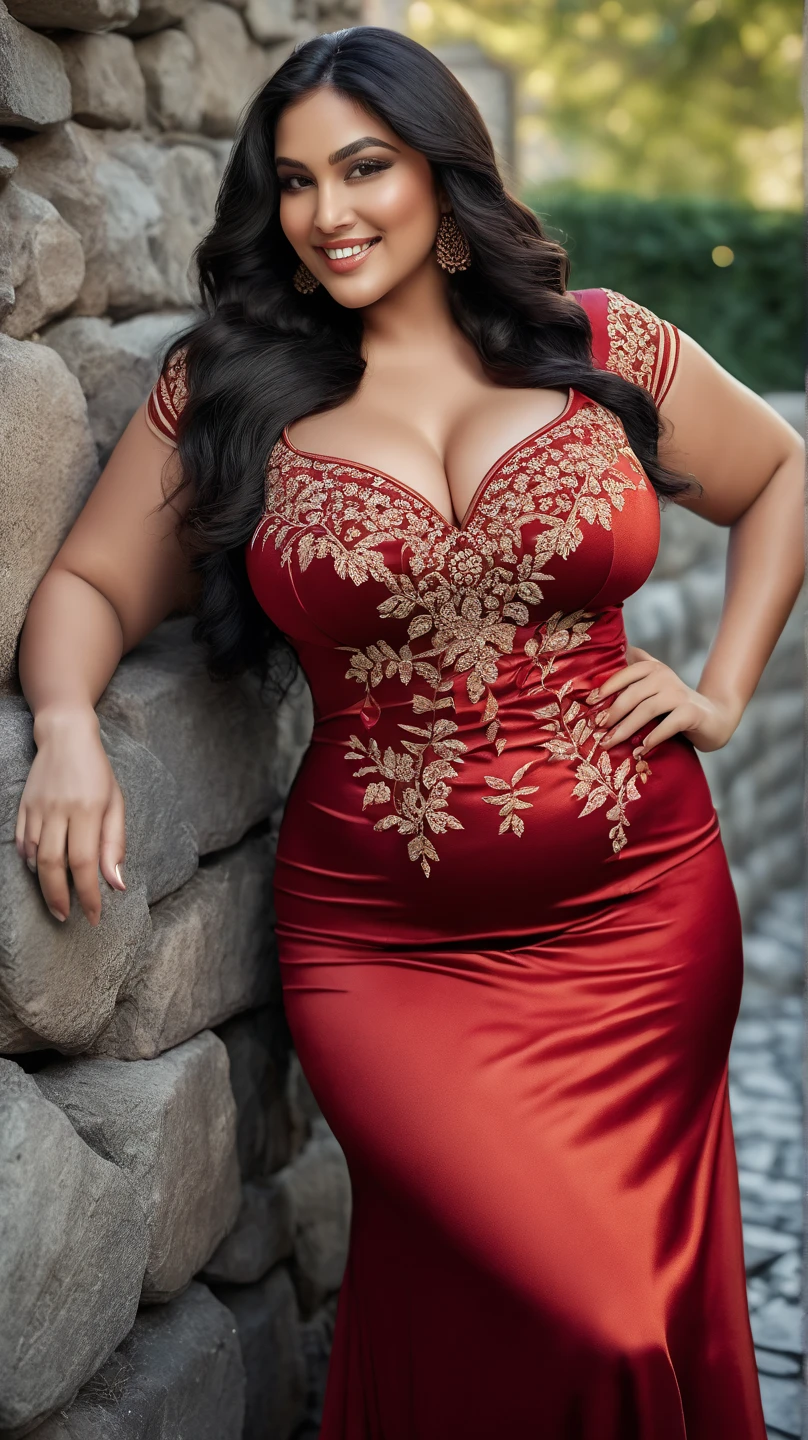 Shrabanti Chatterjee bengali beautiful actress sexy curvy plus size huge figure woman in a different red black yellow color Off-shoulder Dress, different Type standing position, manga mala necklace ornament in necklace for wedding, Head Jewelry for wedding, busty, small curvy, mid body shot, round belly, thick body, outdoor village background, Aegis Amaterasu Embroidery, head to Thai view, big m-cup huge breast.
