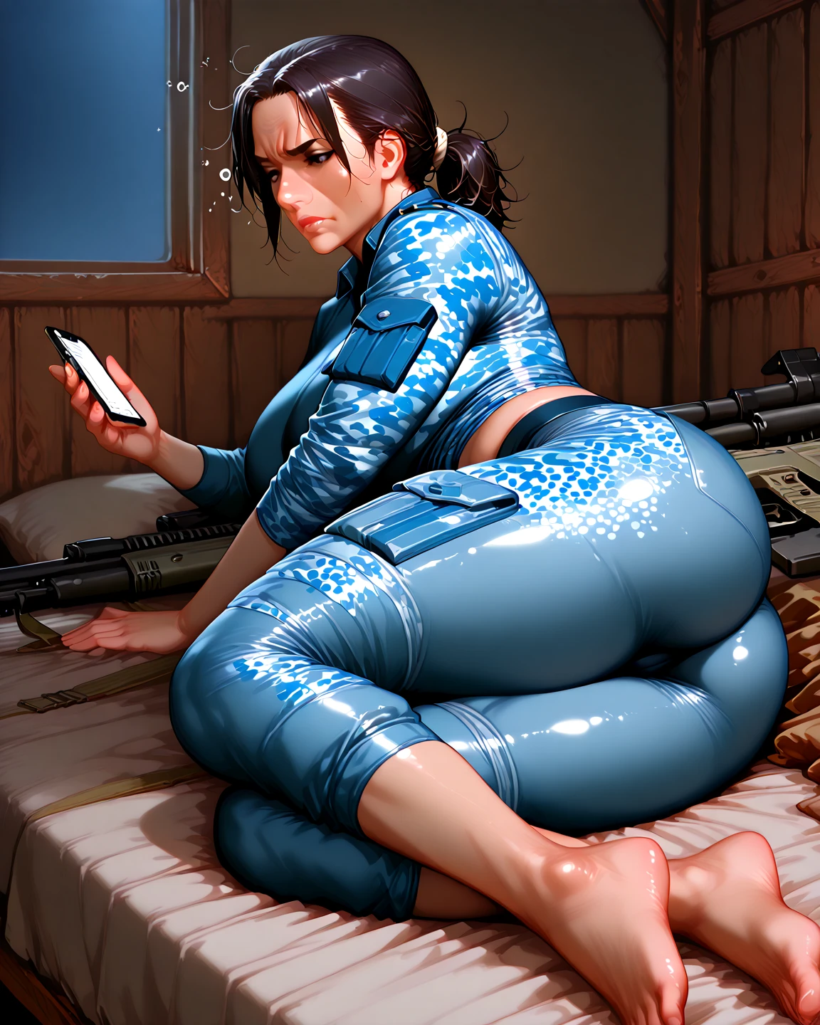 masterpiece, best_quality, 1girl, solo, beautiful military kneeling on her back on the battlefield tired, dirty, very dirty body, dirty with dust,with torn clothes, clothes in pieces, scraps of clothing, sweat, excessive sweat, sweaty body, drops of sweat by the body, hairy, hair appearing, hair showing, barefoot, sweaty feet, dirty soles, sweaty soles, pov feet, black hair, back nsfw nude