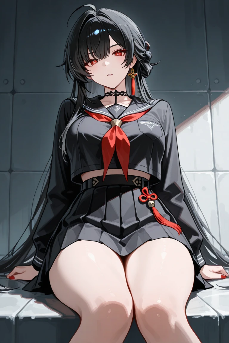 junkotvv, black hair, cat ears, Red eyes, in white bathrobe