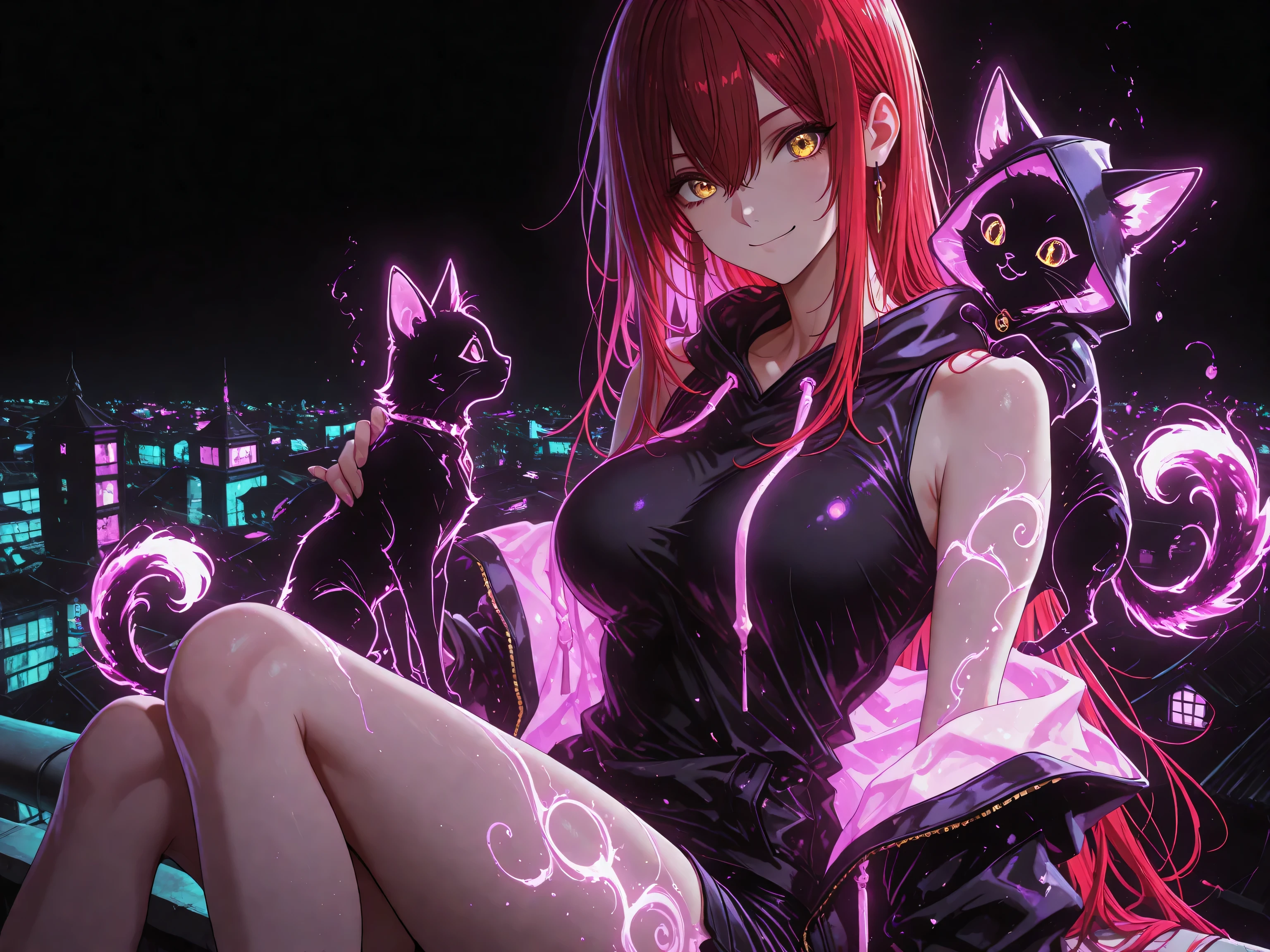 1 girl , golden eyes , very long hair , long sidelocks, red hair , petite , very cute , beautiful ,Straight hair, cool, handsome, hair between eyes, mediumlarge breast, cute eyes, bare shoulders, hoddie with hood, shorts, cute, smiling, ((a imaginary shadow cat sitting on her shoulder, )), sitting on a rooftop, soft, pastel, purple neon aesthetic, neon colors, glowing, glow effect, vibrant colors, high contrast, fluorescent, luminescence, light effects, chromatic lighting, colorful lighting, bright outlines, neon lineart, dark background, digital art, black background