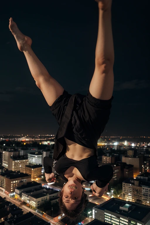 A parkour athlete leaping across rooftops in the dark, neon-lit city of Dying Light 2.