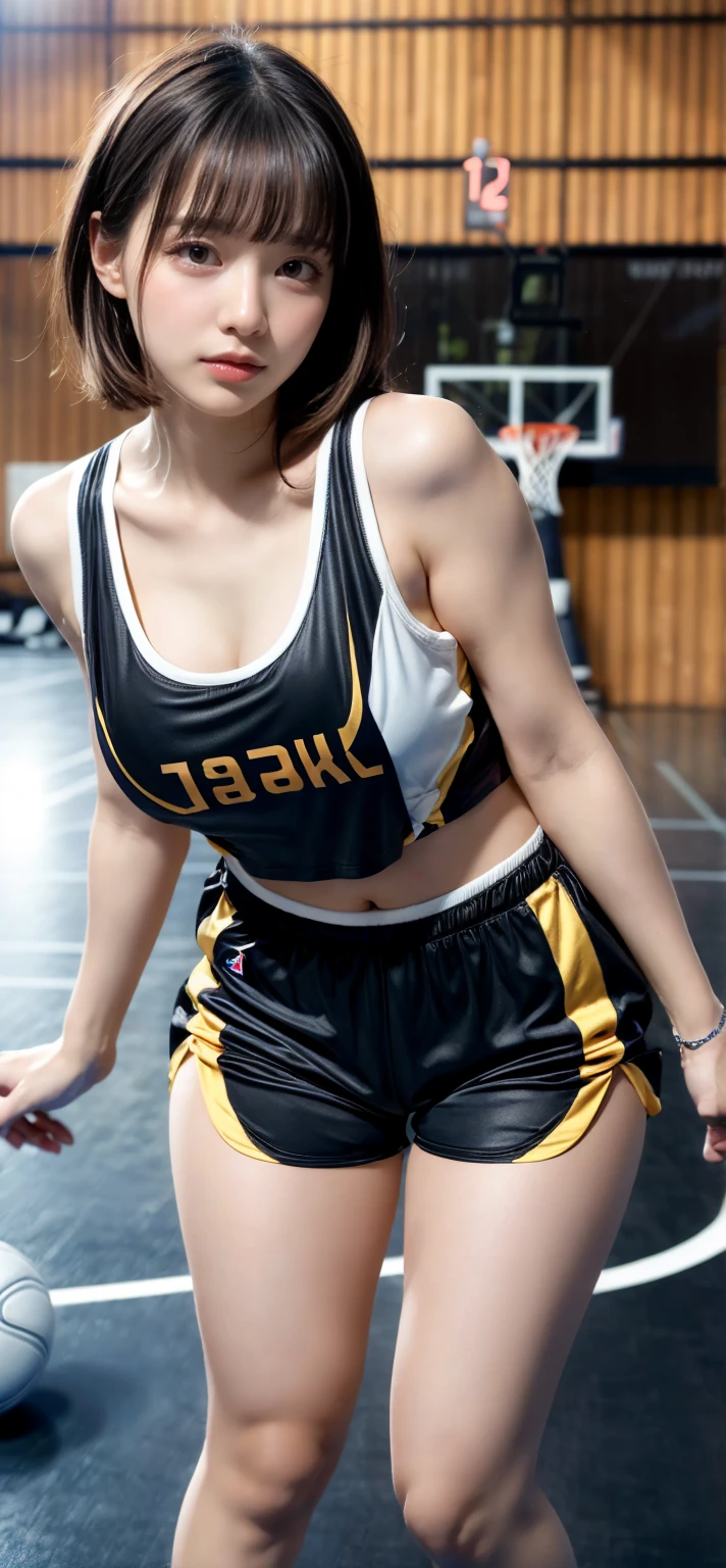 an old Cheerleader，mature woman 
wearing pantyhose and Stockings with suspenders, belt, and fishnet stockings.Golden long hair; eyes are clear sapphire blue; a ponytail; healthy bronze skin; a well-proportioned and smooth figure; muscles are firm yet not lacking in feminine softness; the leg lines are tight and powerful, with a flat and firm abdomen; the top is bright yellow, with a fitted cut that reveals the abdomen, embroidered with the team's emblem on the chest, and her name "Skye" is embroidered in large letters on the back, highlighting her personal identity. The bottom is a black skirt with a gold trim on the hem, which swings lightly with the movement, showing feminine elegance without hindering the execution of any difficult movements. She wears white wrist guards and knee pads, which are not only decorative but also important equipment for protecting the body during training and competition. Her professional cheerleading shoes, which match the uniform in color, provide good support and grip, ensuring that every jump and landing is safe and stable.thick thighs，fleshy thighs，revealing her thighs，big natural breasts，huge round breasts，busty girl，supermodel figure，perfect body