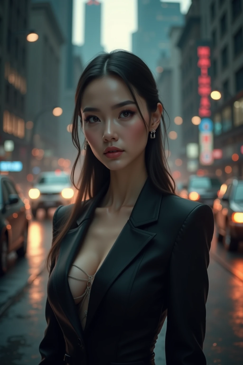 (masterpiece), (extremely intricate:1.3), (realistic), portrait of a girl, the most beautiful in the world, (modern business suit), white body, big boobs, sleek black hair, standing on a bus stop overlooking a bustling city, modern city lights, raining, professional photograph of a stunning woman detailed, sharp focus, cinematic lighting, octane render unreal engine, volumetrics dtx, (film grain, bokeh, depth of field, night-time, motion blur:1.3)