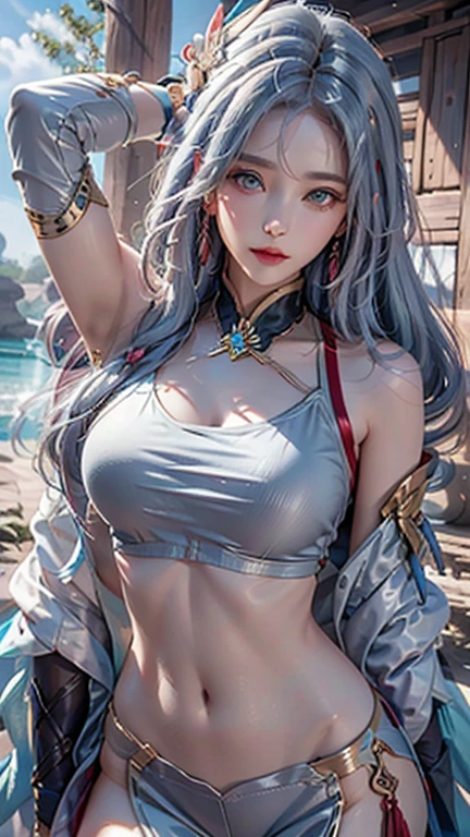 photo award, masterpiece, blue hair, blue eyes, realistic, High resolution, soft light, red t-shirt, 1 female, alone, hip up, Gamer Girls, Arcade, arcade, glowing skin, dynamic pose, bright, Arcade background, High background details, dim light, night, pink headphones
