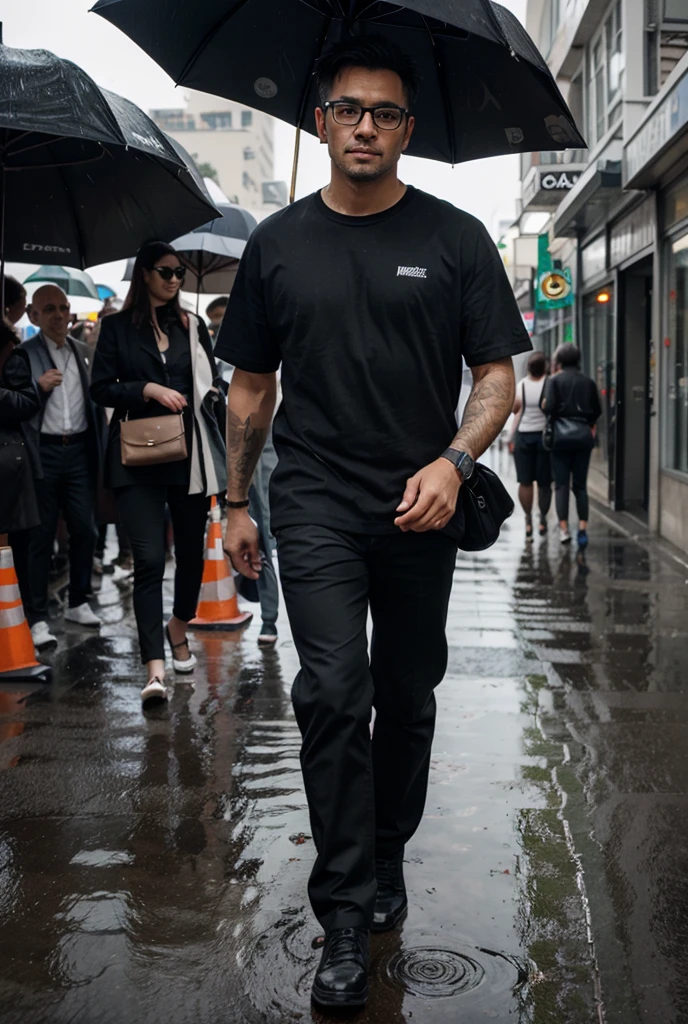 Make a 25 year old man out of 1.70 tall ,with an athletic physique with strong arms and defined chest , entire left arm with Samoan tattoos , long light brown hair with a smile , black pants and red tennis shoes , in the background that he is walking in the rain on the Santa Monica Pier Route 66, very light brown loose hair, White skin , eyes the color of honey , of mexican traits from cdmx , Make it look good that you are in Santa Monica , and the defined rain can be seen well , no shirt , and with a watch on his right arm , very handsome, remember white skin, and on his side a person of 1.93 cm tall with the same description but with short hair , and in the middle of them a woman with good blonde curves and a good butt and small bust, very pretty.