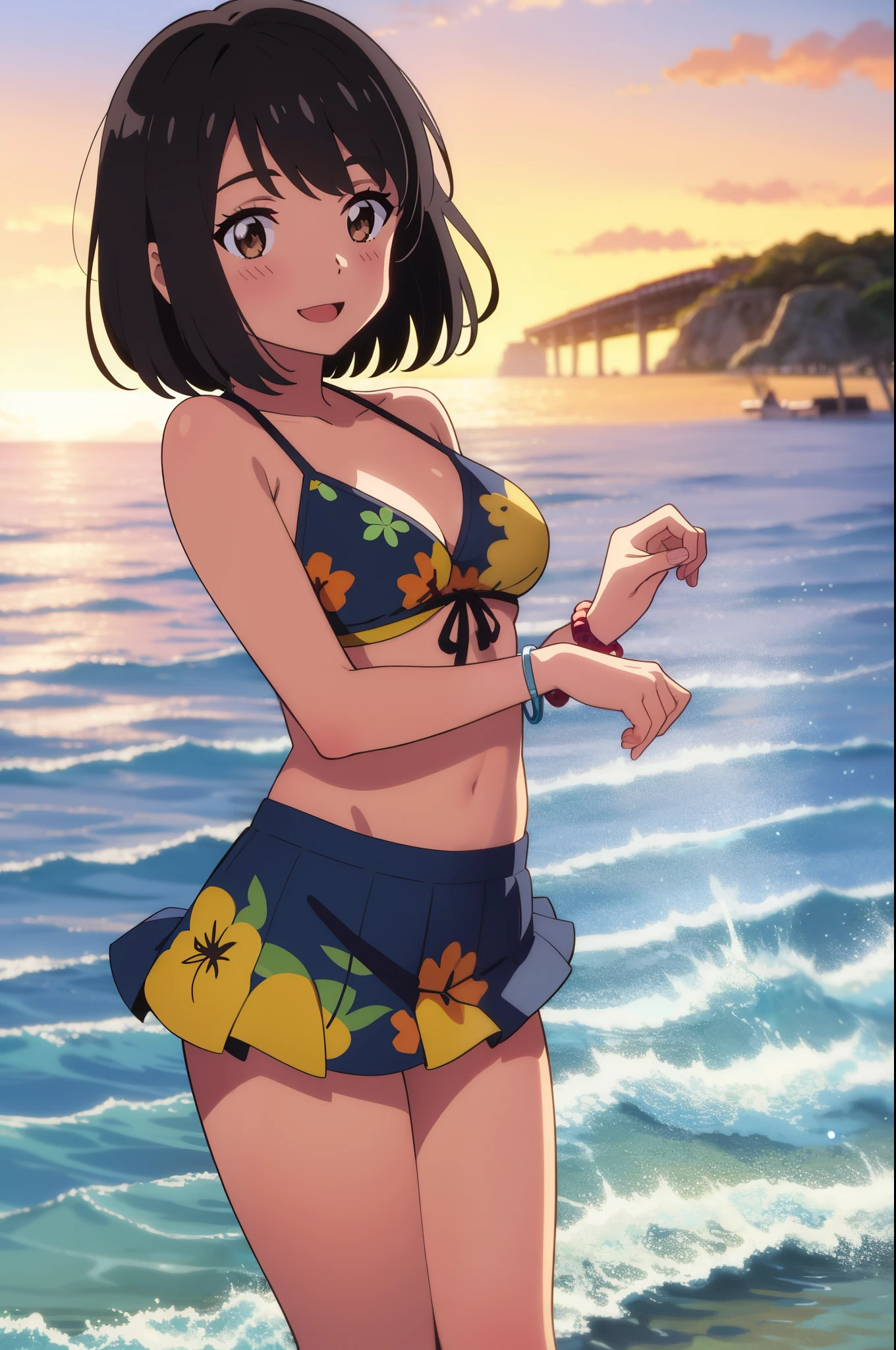 shinkai makoto, kimi no na wa., 1girl, bangs, black hair, brown eyes, headband, red headband, anklet, short hair, smile, pool, outdoors, splashing, happy, summer, shadow, solo, day, open mouth, blush, looking at the viewer, cowboy shot, blue sky, happy, cloudy_sky, sunlight, bikini, white bikini, masterpiece, beach, sand, ocean, palm tree, island, bubble, lens_flare, innertube, wet, short skirt