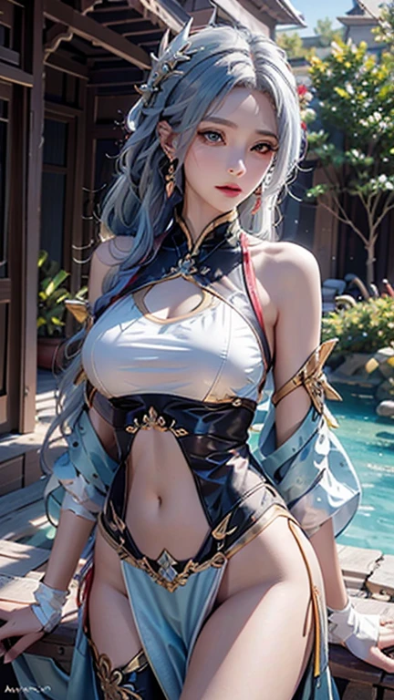 photorealistic, masterpiece, high resolution, soft light, mature female, silver hair, blue eyes, hips up, jewelry, jiangshi, qing_guanmao, breast curtains, ofuda on , china dress,qing guanmao,shibari