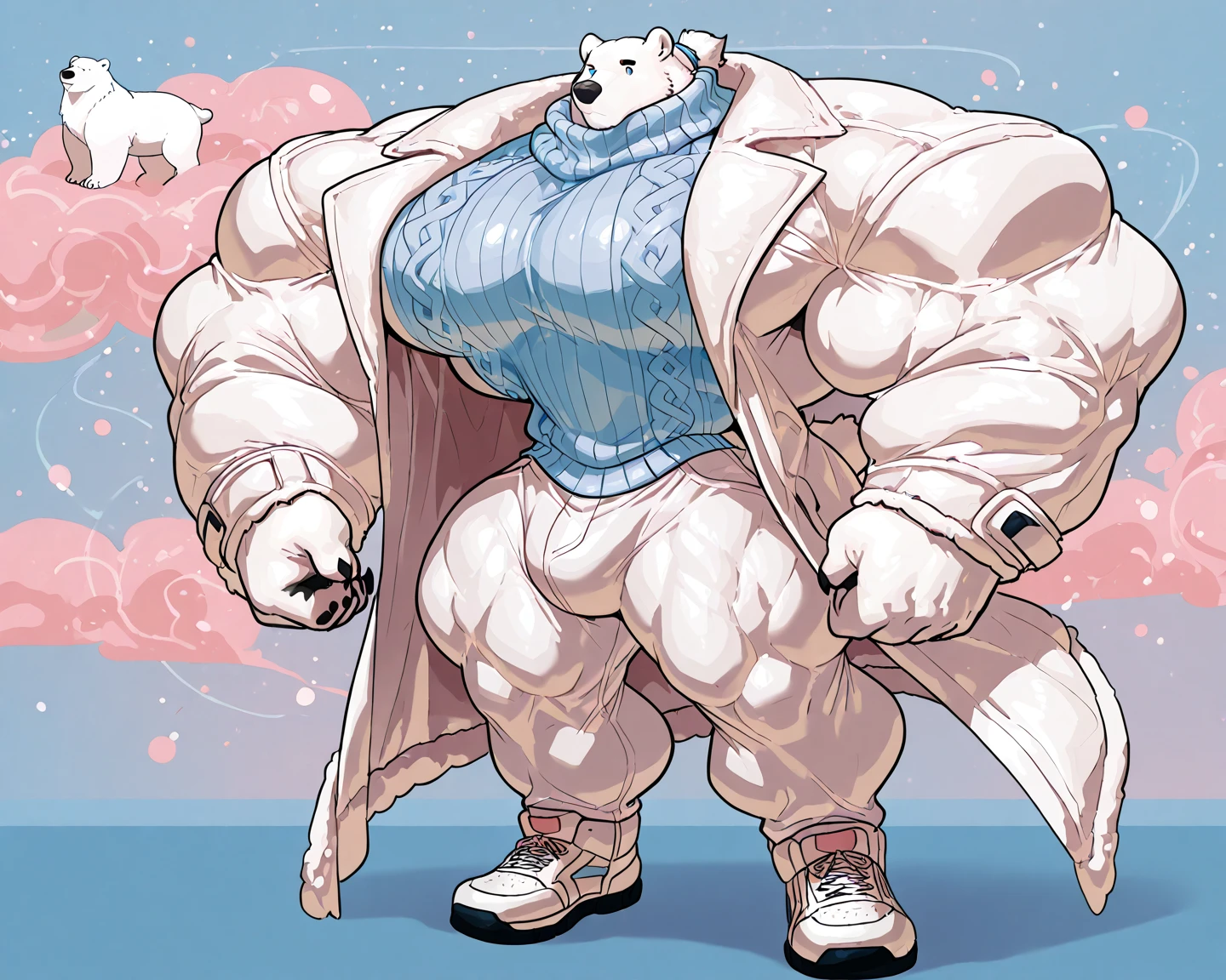 huge muscular and far, snow, long beards, old man, (furry bear), smile and happy, shirtless, topless, bulge, white bear, polar bear, lake, shorts, detailed face