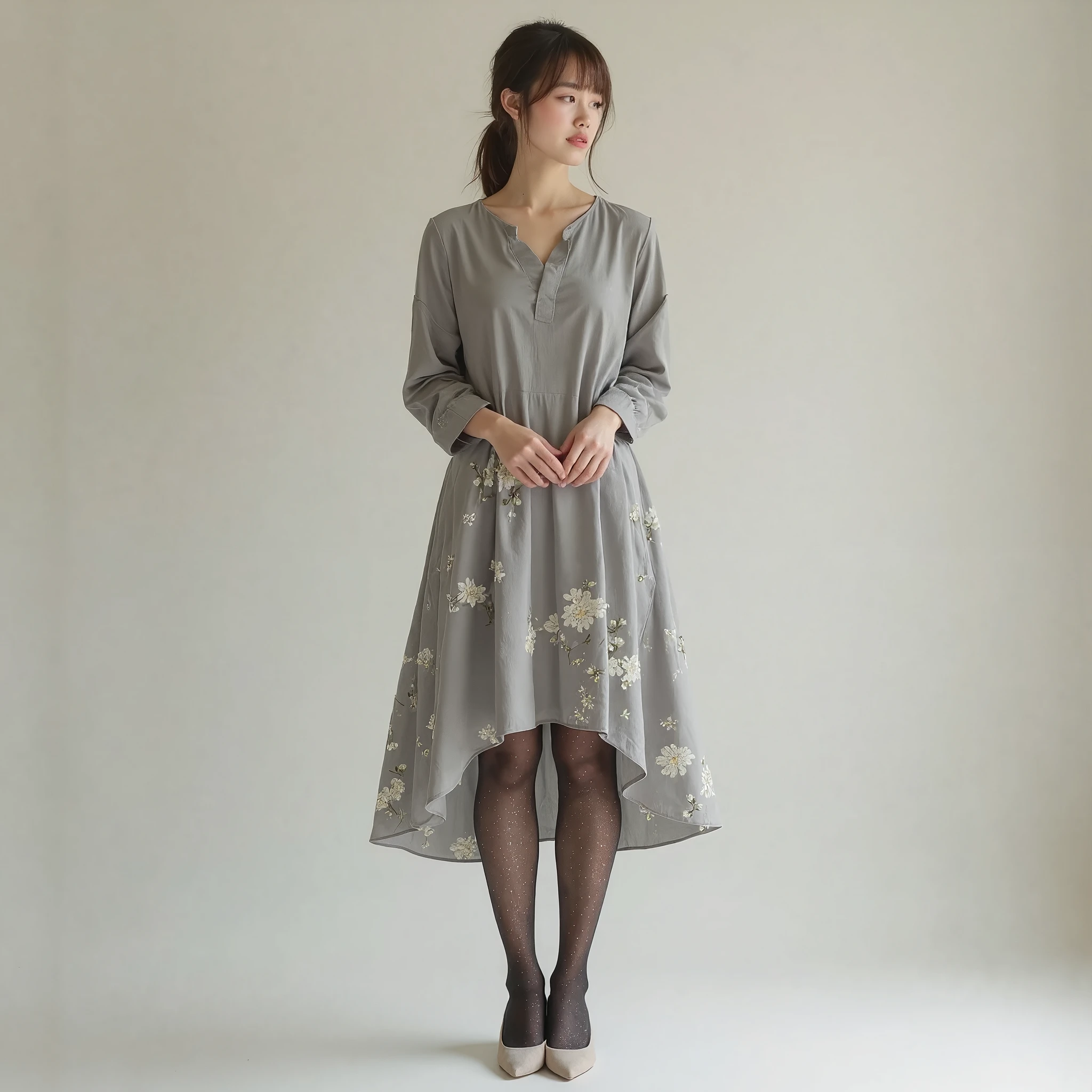 Japanese beautiful mature woman, shiny skin, natural makeup, mocha brown ponytail with bangs, gray knee-length dress with white floral print, long sleeve dress, black glitter pantyhose, light gray low heel suede pumps, standing pose, full body shot, masterpiece, highest quality, best quality, ultra detailed, realistic, photorealistic, high resolution, perfect composition, 4K,