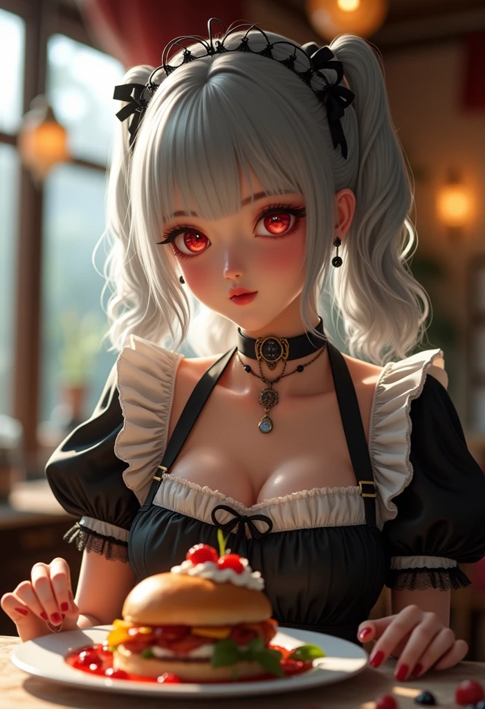 Detailed, high quality, amazing quality, Detailed faces, masterpiece, manga web toon comic art style ,stunning,ethereal,dreamy,fantasy,magical,mystical, mythical, graceful, gorgeous,dark fantasy,jewelry,beautiful lovely,elegant,goth, dark fantasy, gothic, alluring, kawaii, cute, whimsical. A slightly chubby beautiful devil imp woman eats a melting ice cream in an ice cream shop. 
