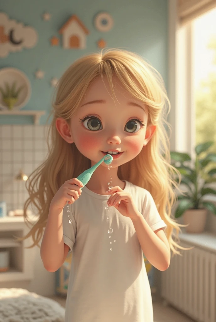 a close-up of a blonde child with long hair, BIG BALL OF electrified ICE IN HANDS. Smoke green.
