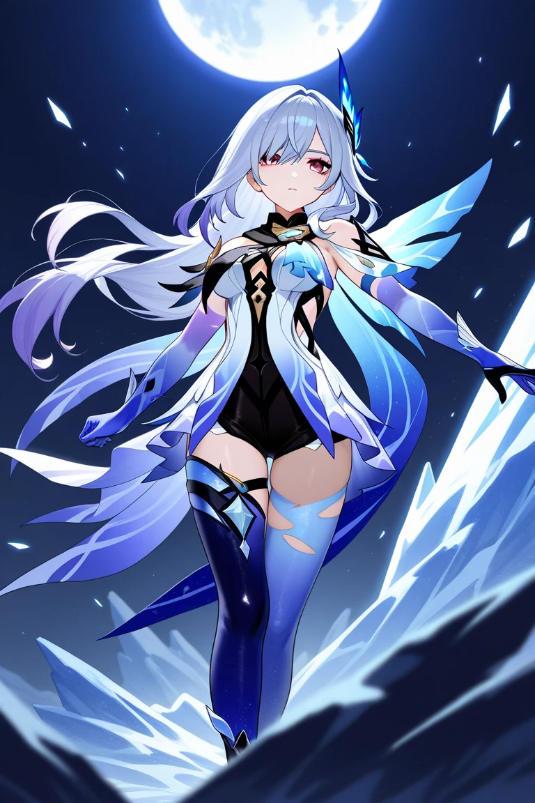 Full body shot of an anime-style cute girl with long white hair, blue eyes, and purple highlights wearing a tight black dress made ofa water-like material standing on a dark background with huge transparent wings and a splash effect flying around her. In the style of anime art with cel shading, a full body shot with shiny elements.