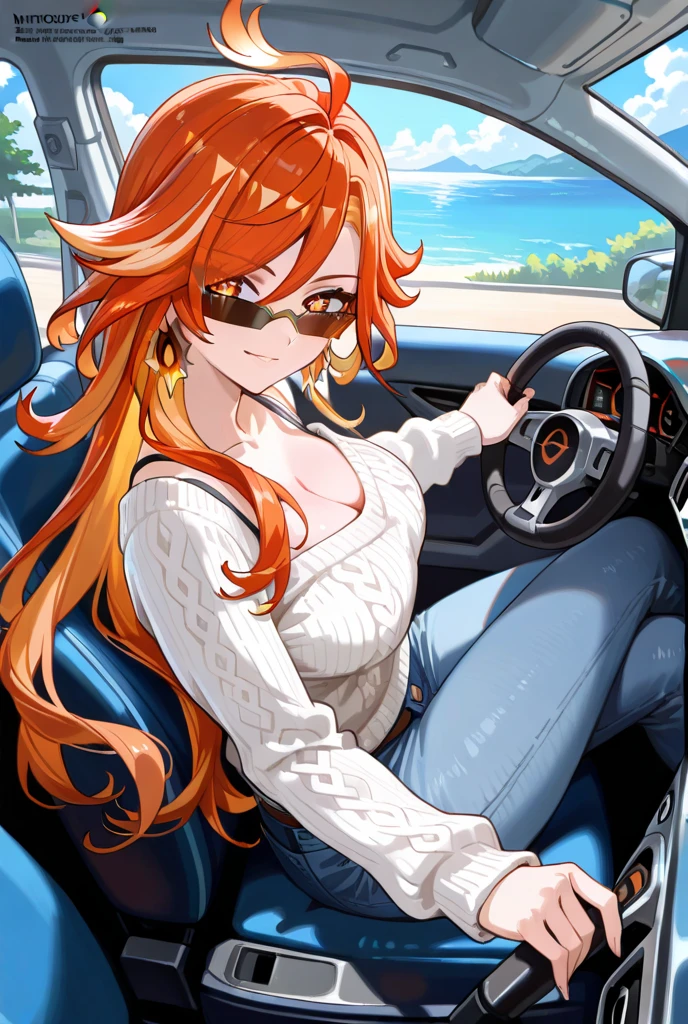 (masterpiece, best quality, absurdres, very detailed eyes), 1girl, solo, solofocus, medium breasts, ginger hair, medium hair, green eyes, bangs, closeup, teenager, white crop top, black jeans, inside car, mitsubishi logo