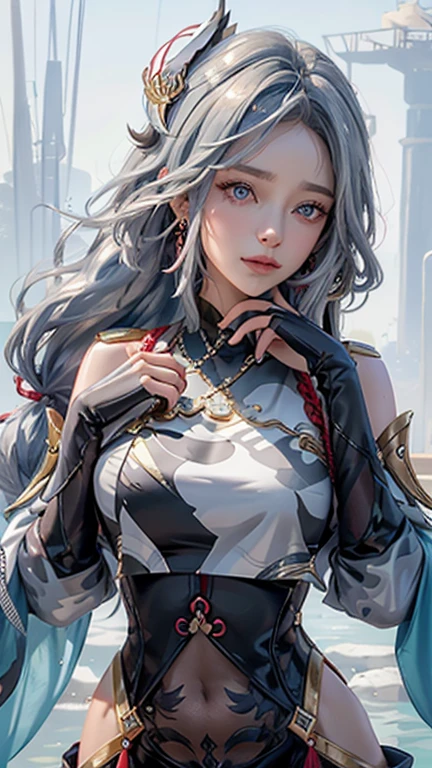 extremaly detailed cg，A high resolution，best qualtiy，tmasterpiece，（a beauty girl：1.3），（GameCG），hutaodef，>_，Gray tunic，long whitr hair，Modern fashion