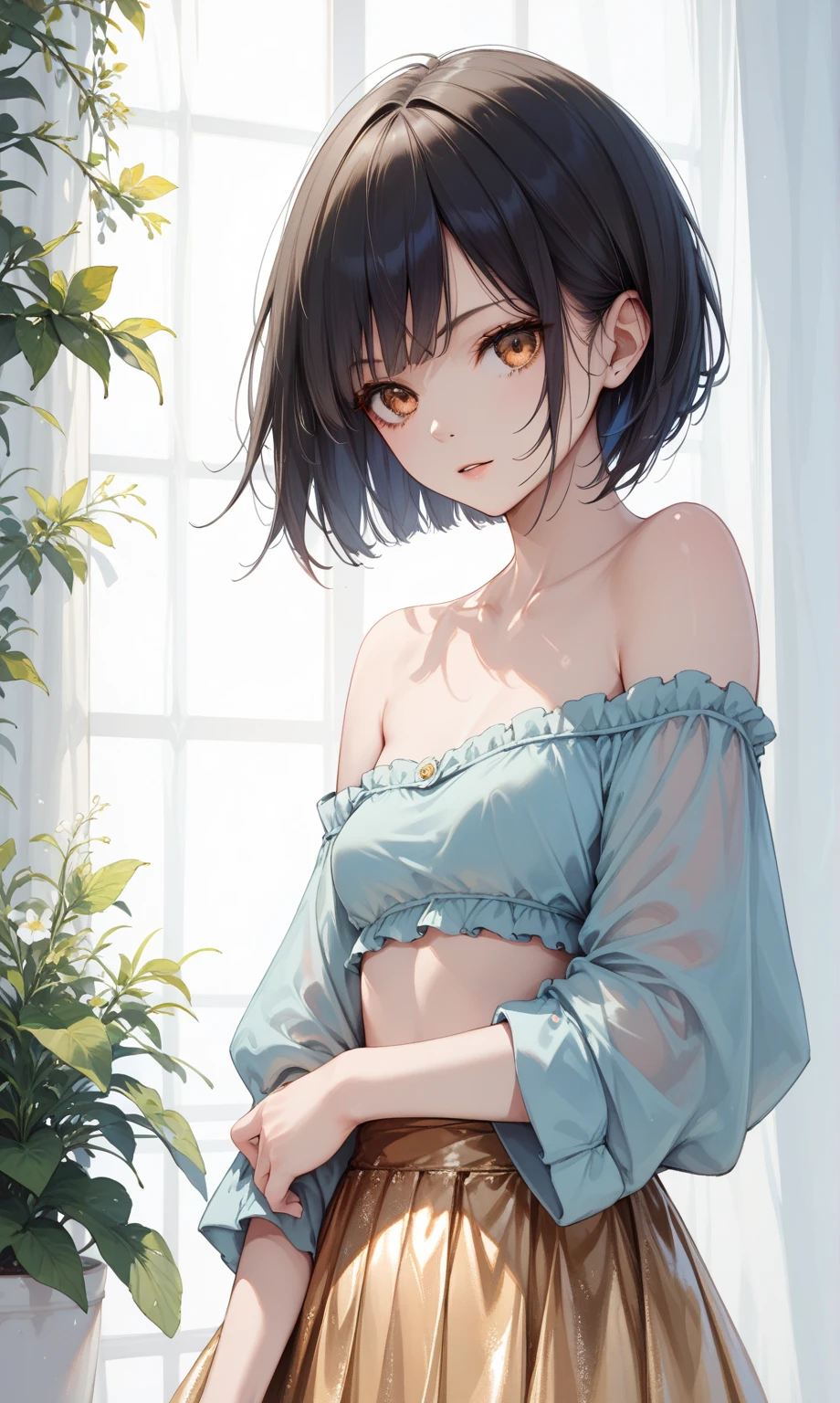highest quality, High resolution, Kneeling, Glowing Skin, bangs, Black Hair, short hair, Sparkling eyes, skirt, 両手でskirtをたくし上げる, 両手でskirtを掴む, White panties, White bra, Topless, Moderate abs, blush, sharp focus, moody lighting, meadow