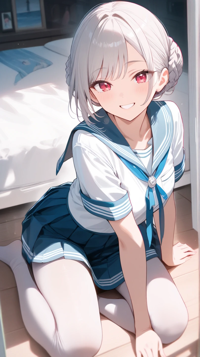 An illustration girl 18-year-old Short Bob Ultra mini skirt blue eyes Best Bust Overexposed Shyly Racy line Sitting on the bed Gray Hair
