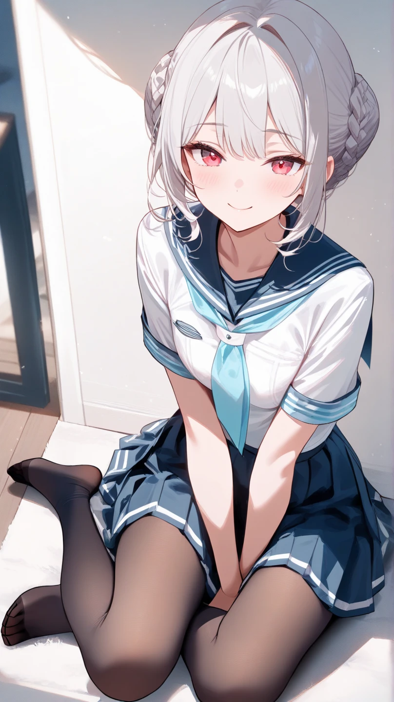 pantyhose,loli,sailor,dress,cute,sitting,white hair,smile
