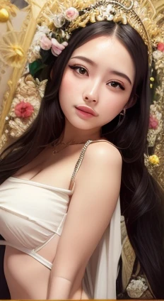professional portrait of Ayu Putri, a 22-year-old Indonesian woman with a unique blend of Japanese and Indonesian features. Her face is characterized by a smooth, fair complexion, often described as the dream skin of many Asian girls. Ayu's flawless, porcelain skin has a radiant glow, capturing the essence of Japanese beauty standards. Her almond-shaped eyes are slightly upturned and framed by long, thick eyelashes, accentuating her expressive gaze. She has naturally arched eyebrows, a delicate, slightly pointed nose, and full, rosy lips that form a warm, inviting smile. Her silky black hair is straight and neatly styled to perfectly frame her face.