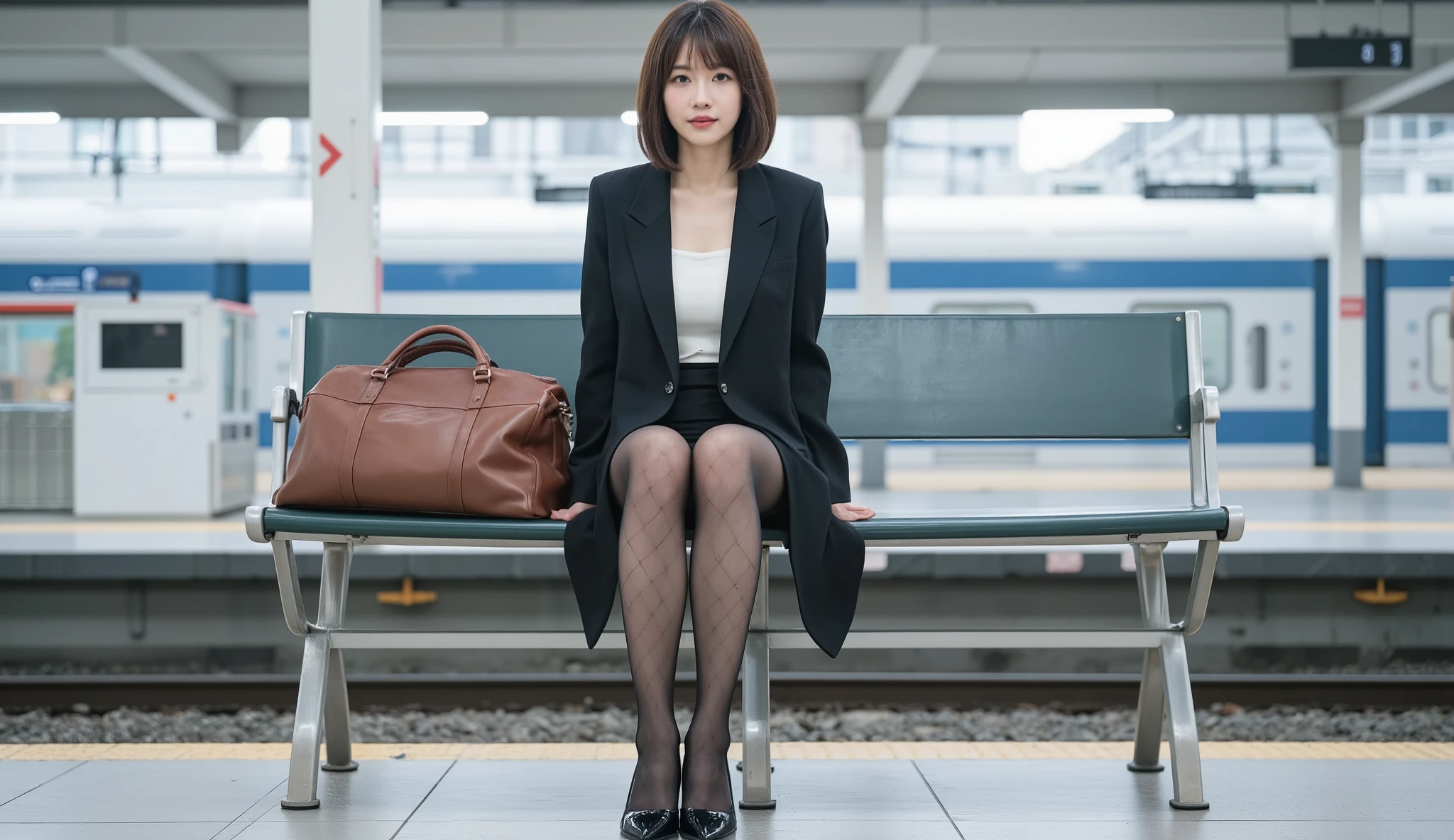 Japanese beautiful mature woman, shiny skin, natural makeup, mocha brown straight bob hair with bangs, black business suit, white square neck cut and sew, black diamond pattern tights, glossy black low heel pumps, carrying a large brown leather bag, sitting on a bench at the station platform, sitting with legs together, don't cross your legs, front view of the body, full body shot, masterpiece, highest quality, best quality, ultra detailed, realistic, photorealistic, high resolution, perfect composition, 4K,