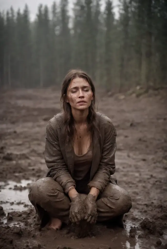 a girl covered in mud and torn clothes, kneeling on the ground and crying