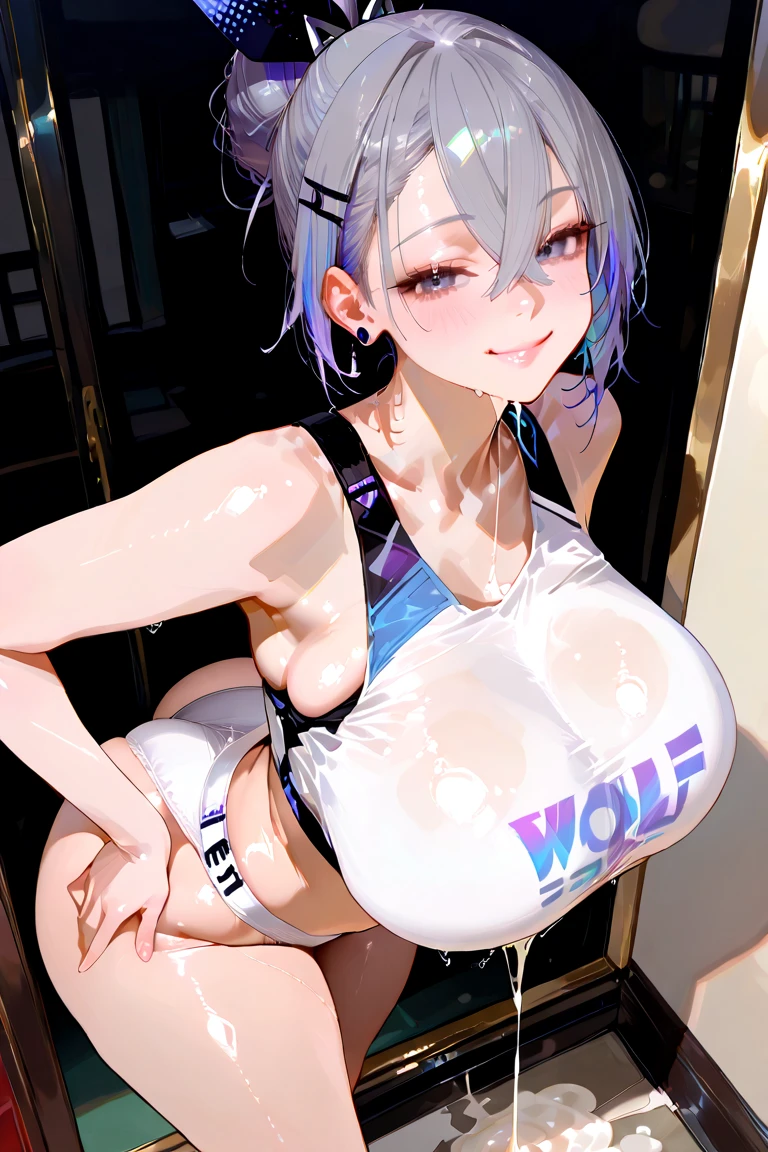 0zy Bulma with tattoos looking raunchy and chewing bubble gum with capsule corp logo on skimpy blouse