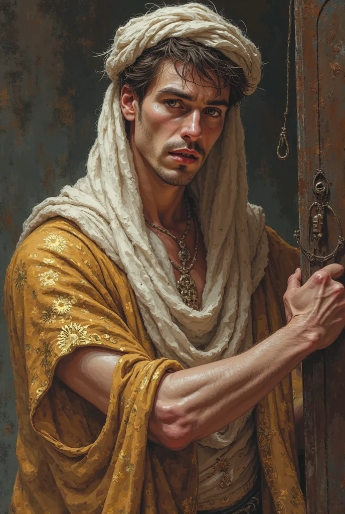 <lora:more_details:0.6>, <lora:caravaggio:0.5>, CARAVAGGIO, oil painting, man wearing Mesopotamian fashion || masterpiece, perfect quality, sharp focus, shallow depth of field, 8k