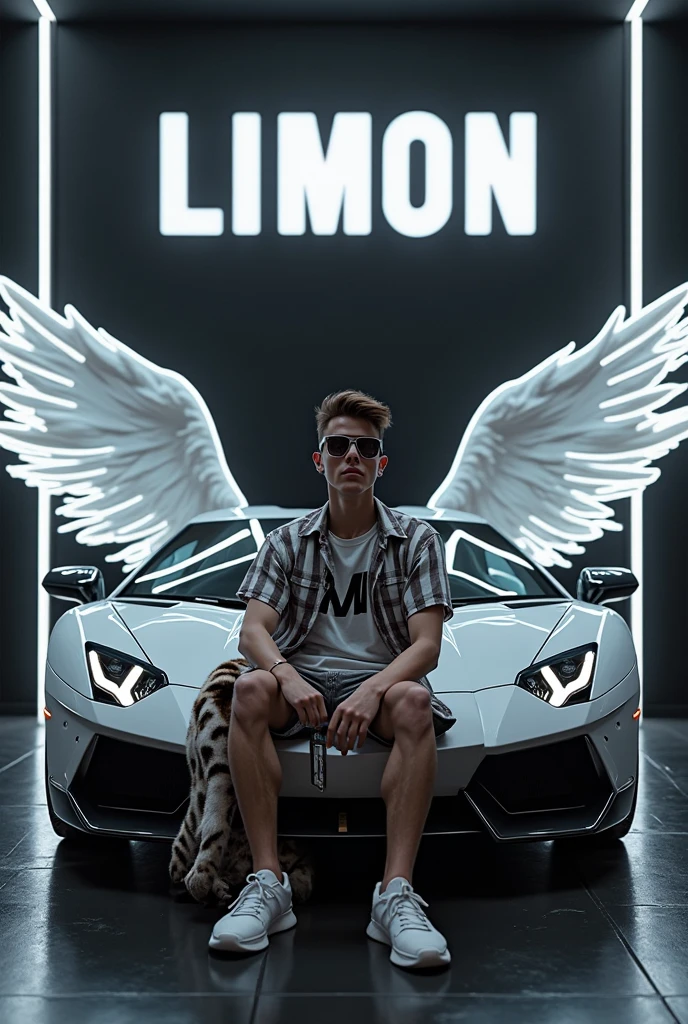 Create a 3D illusion for a profile picture where a 2 boy in a dark blue hoodie sitting casually on a free fire Lamborghini. Wearing sneaker and sunglasses, He looks ahead. The background features “LABIB” in big and capital yellow neon light fonts on the dark grey wall. and there are blue neon glow wings to make it appear as if he is an angel. And my name’ LABIB’ should be written on the hoodie .