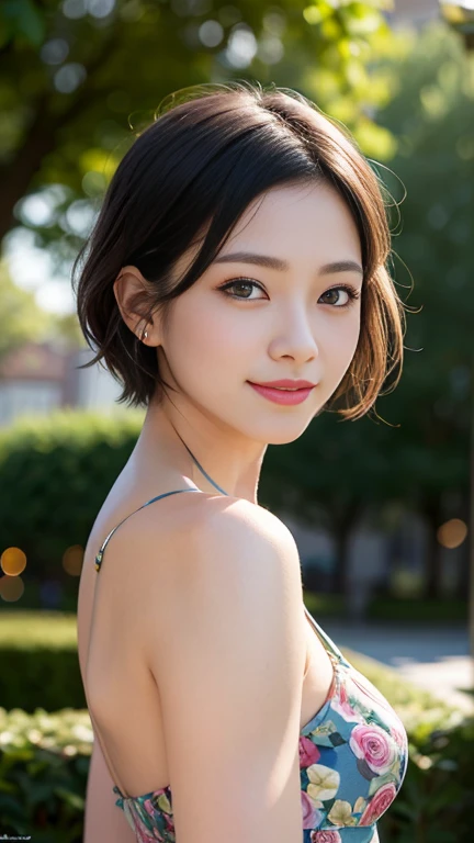 One girl, Small breasts,, (8k, RAWphotograph, highest quality, masterpiece:1.2),(Realistic, photo-Realistic:1.37),figure,Very delicate and beautiful,perfect female 体,Very detailed,photograph,8k,wonderful,In detail,Beautiful fine details,highest quality,Ultra-high resolution,((Very detailed face)),(photo-Realistic:1.37),looking at the camera、((Front of body))、((Beautiful décolletage))、((Tube top))、(((short hair)))、((smile))、(((Short hair)))、((right eye:Mole on outer corner of eye))、Teeth are coming out