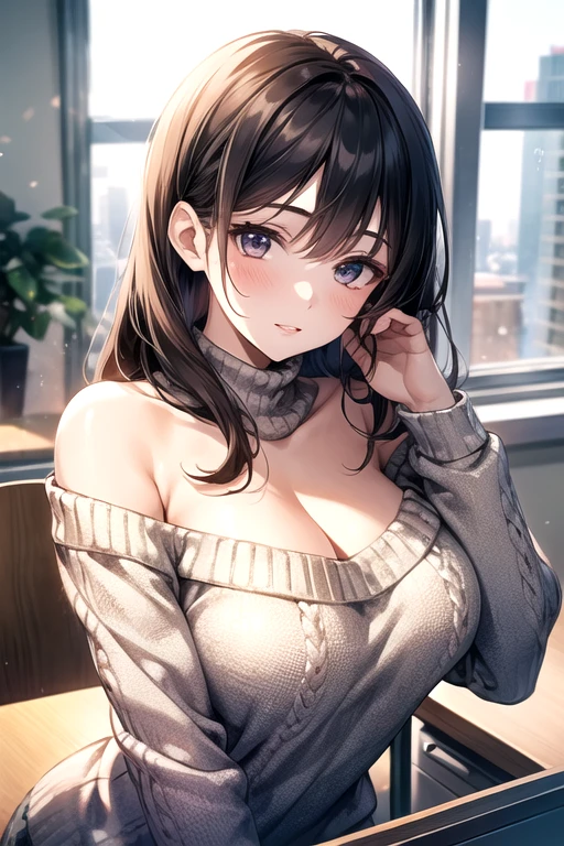 1girl, (Masterpiece, high quality, highly detailed), (Conical Breasts, Cone-shaped breasts, often smaller and pointier), wearing (Cashmere blend sweater dress), (Her eyes are large, almond-shaped, and hazel, radiating warmth and depth. She has a straight and slender nose that adds a touch of refinement to her face. Her medium, natural pink lips perfectly complement her fair skin tone with a cool undertone. Her long, wavy, dark brown hair cascades gracefully over her shoulders, framing her face beautifully. Her eyebrows are of medium thickness and gently arched, adding to her expressive features. High and defined cheekbones enhance her facial structure, while her rounded chin adds a softness to her overall look. Her medium-sized ears are slightly visible, and her elegant and sophisticated expression exudes confidence and grace), (background: winter, inside room), Standing, doing Stretching in the morning