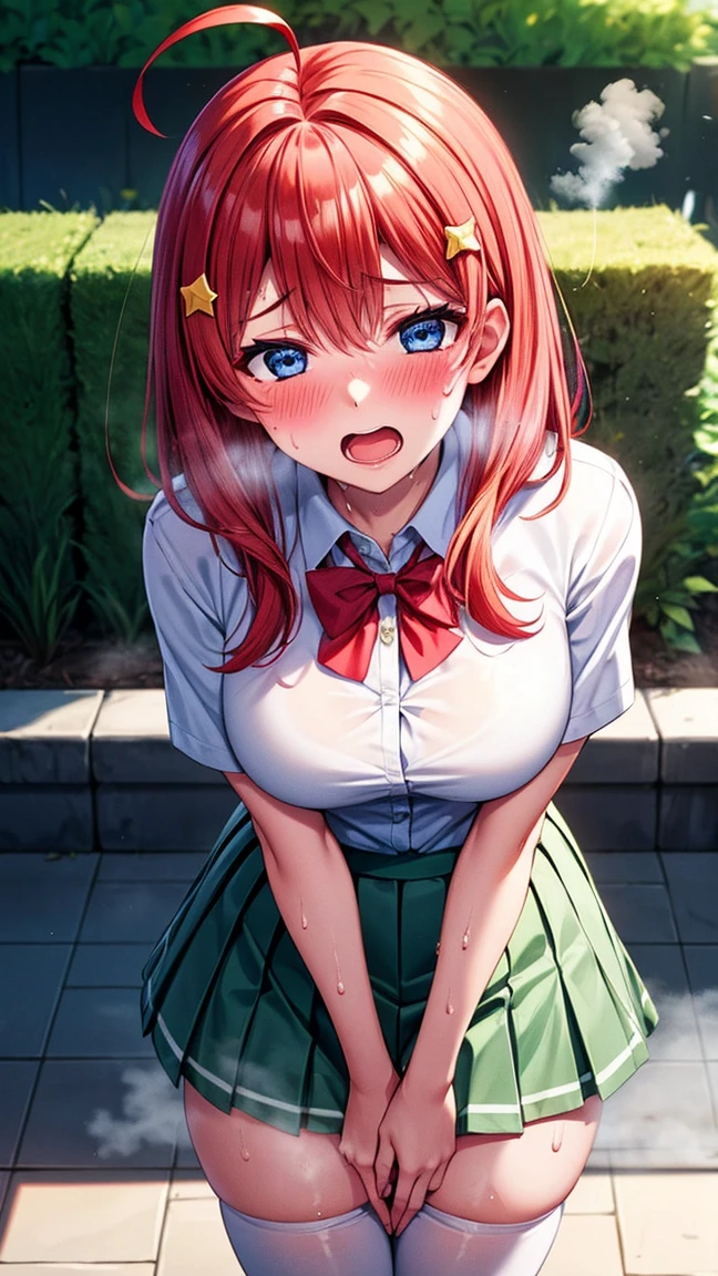best quality,1girl,((big breasts:1.1)),((orgasm,blush,sweat,steam:1.3)),yotsuba nakano, bangs, short hair, blue eyes, hair between eyes, hair ribbon, hairband, orange hair, (green ribbon:1.5),((school uniform, white shirt, green skirt, white thighhighs:1.1)),garden,crotchAngle,head out of frame,lower body,have to pee,covering crotch,(((hand between legs))),knees together feet apart,stand / standing,full body