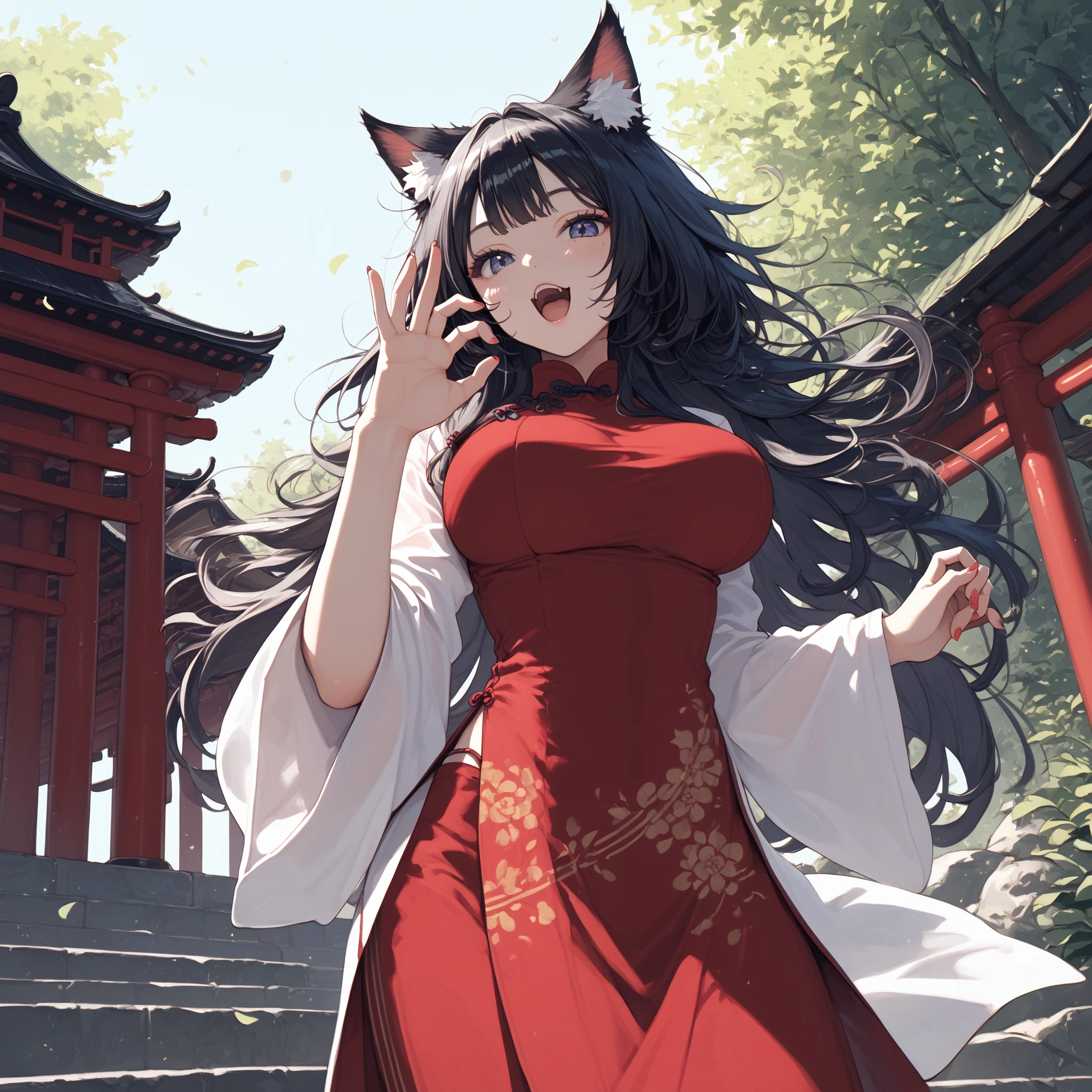 shukezouma, Negative space, shuimobysim, 1girll, Animal ears, cat ear, Cat tail, double tails, Twin_Tail, bunches, (light white hair),(Long hair), (Red eyes),mediating_Breasts, woman,Bare shoulders, (ecchi0.5), Lips, holding a umbrella, water splash, (Green trees:0.5), (Flowers:0.6) ,(Birds:0.2), (bamboo0.1), lakes, Hangzhou, bonian, bonian in background