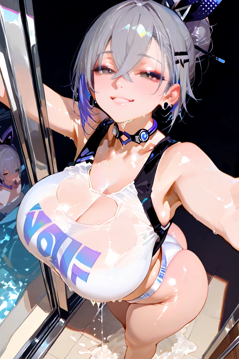 1girl, light skin, breasts, large breasts, wide hips, thick thighs, white hair, very short hair, cap, hat, smile, bikini, blue eyes, smile, smirk, smug, futuristic, science-fiction, tech, neon, neon trim, white bikini, highleg bikini, highleg, blue trim