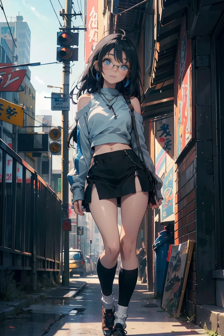 ((masterpiece)), ((best quality)), ((Anime avatar style)), a 20 year old girl, ((light blue eyes)), ((perfect)), ((Round clear glasses)) , eyebrow, nose, ear, ((ear piercing)), Mouth, ((Long black hair is messy)), neck, Shoulder, arms, ((Sweatshirt)), ((tattered shorts)), ((pants socks )), (neck chain), background scenery