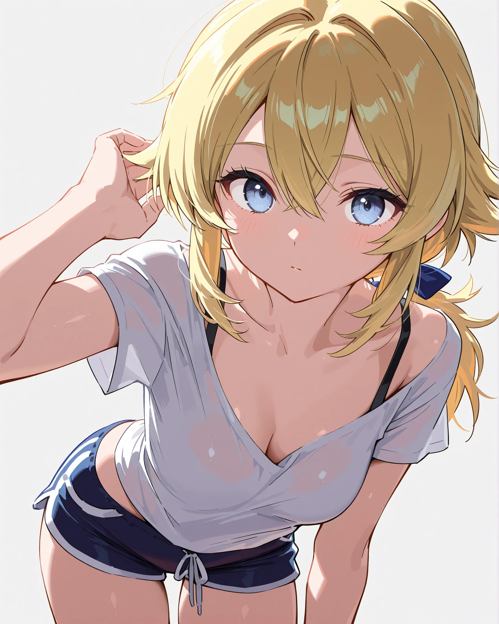 (masterpiece), ((of the highest quality)), alone, blonde ponytail, , smile, White shirt on naked body, white underwear, Open shirt, simple background(little),(littleキャラ) bra and panties