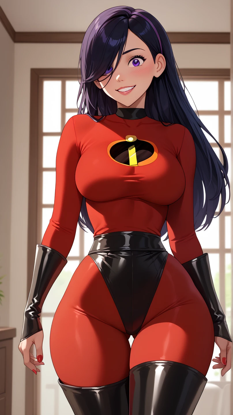 The generated prompt can be："violet parr,latex outfit,long black hair,vivid purple eyes,smoky makeup,big round butt,perfectly sculpted abs,(best quality,4k,8k,highres,masterpiece:1.2),ultra-detailed,(realistic,photorealistic,photo-realistic:1.37),portrait,dark and moody lighting,vivid color gradingz, topless, Big boobs".

Please note，I arranged the labels in order from highest to lowest，And try to describe the picture in detail。No descriptive sentences or sentences were added。
